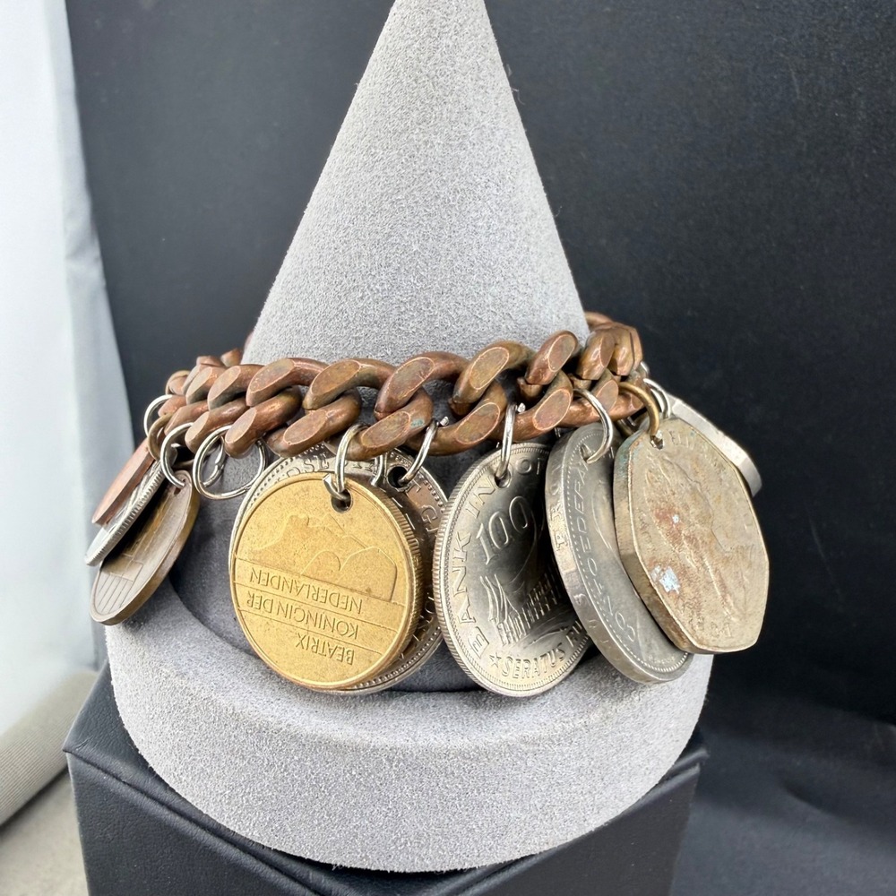 Vintage Foreign Coin Charm Bracelet HEAVY 7.5"